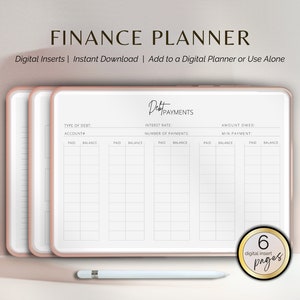 May include: A printable finance planner with six pages for tracking debt payments. The planner includes sections for type of debt, account, interest rate, number of payments, amount owed, and minimum payment. The planner is designed to be used with a digital planner or on its own.