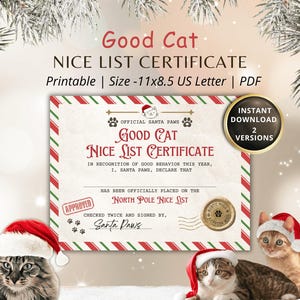 CERTIFICADO DE LISTA DE GENTILEZA PARA GATOS Para impressão da Santa Paws Presente divertido de Natal para gatos para amantes de gatos Lista de gentis gatos Carta de 11x8,5 polegadas Download instantâneo