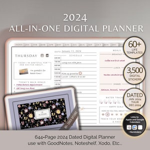 2024 Digital Planner GoodNotes iPad Template, Google and Apple Calendar Links, Set Reminders, Daily, Weekly, Monthly Customizable Journal