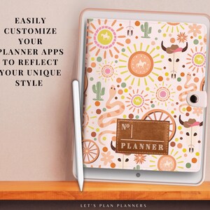 May include: A white planner cover with a colourful southwestern design featuring suns, cacti, snakes, and horses. The cover has a brown leather label that says "No. PLANNER".