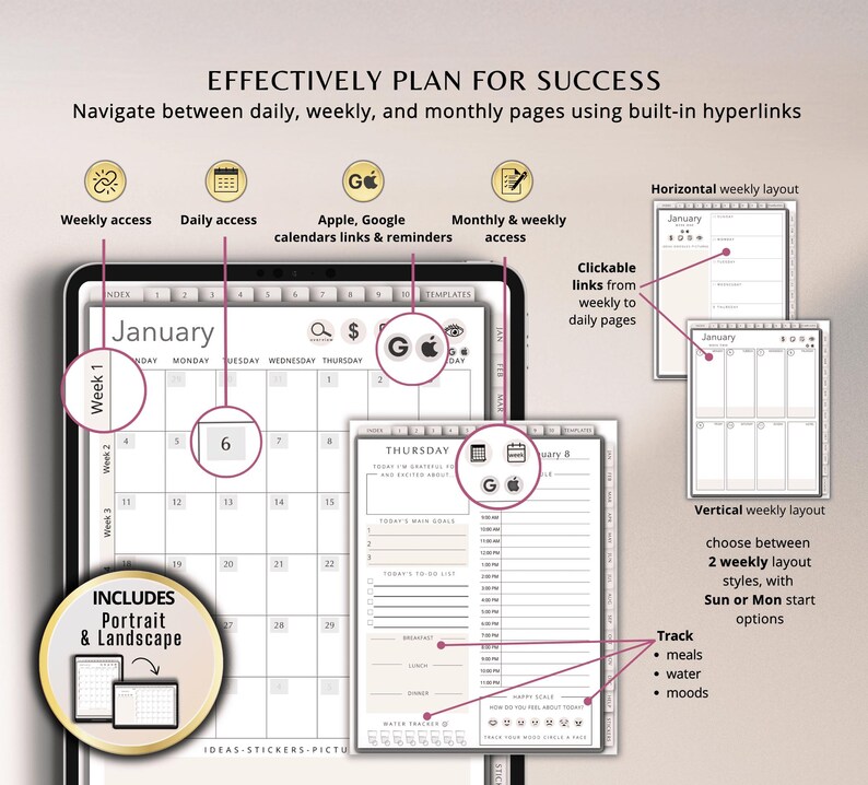 May include: Digital planner with a beige and white design, featuring a calendar for January. Includes daily, weekly, and monthly pages with built-in hyperlinks. Offers portrait and landscape views, with options to track meals, water, and moods.