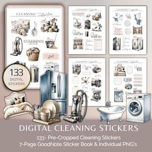 May include: A set of 133 digital cleaning stickers for GoodNotes. The stickers are illustrated in a watercolor style and feature various cleaning supplies, appliances, and rooms of the house. The stickers are pre-cropped and come in individual PNG files.