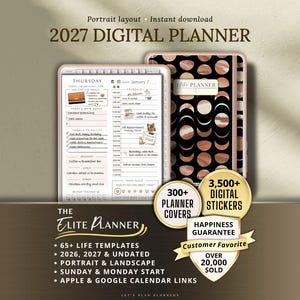 May include: Digital planner with a white and gold design, featuring a daily schedule and to-do list. The image includes the text "2027 DIGITAL PLANNER", "THE ELITE PLANNER", and details about templates, undated options, and calendar links.