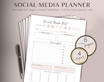 Social Media Planner Printable Tracker for Instagram YouTube Facebook & Pinterest Small Business or Personal Marketing Content Planner