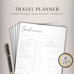 Op de afbeelding: Een printbare reisplanner met een zwart-wit ontwerp. De planner bevat secties voor budgettering, ideeën en een lijst met dingen om te doen, te zien en te bezoeken tijdens een reis. De planner heeft een titel die "Travel Planner" zegt en een notitie die "4 printbare pagina's" zegt.
