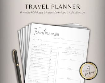 May include: A printable travel planner with a black and white design. The planner includes sections for budgeting, ideas, and a list of things to do, see, and stay at on a trip. The planner has a title that says "Travel Planner" and a note that says "4 printable pages".