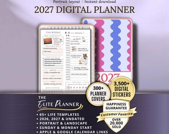 May include: Digital planner for 2027 with a portrait layout. The planner includes 65+ life templates, undated options, and over 3,500 digital stickers. Features include Sunday & Monday start and Apple & Google Calendar links. The planner is a customer favorite.