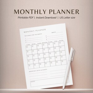Monthly Planner Printable Planner Undated Monthly Productivity Planner Track Monthly Goals Important Dates and Events 8.5x11&quot; Printable