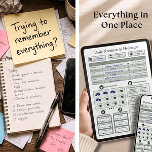 May include: A digital daily nutrition and hydration tracker displayed on a tablet and smartphone, featuring sections for meals, protein goals, water intake, and appetite check-ins, alongside a spiral notebook with handwritten notes and sticky notes.