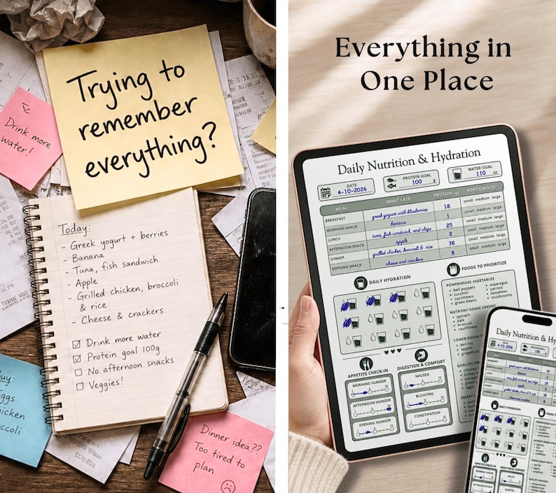 May include: A digital daily nutrition and hydration tracker displayed on a tablet and smartphone, featuring sections for meals, protein goals, water intake, and appetite check-ins, alongside a spiral notebook with handwritten notes and sticky notes.