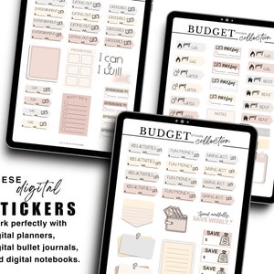 May include: Digital stickers for planners, bullet journals, and notebooks. The stickers are in a budget theme and feature categories like "Kids Activities", "Fun Money", "Saving Acct", "Payday", "Gas", "Rent", and "Notes". The stickers are in a neutral color palette of beige, brown, and white.