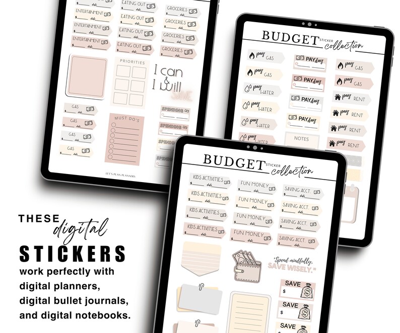 May include: Digital stickers for planners, bullet journals, and notebooks. The stickers are in a budget theme and feature categories like "Kids Activities", "Fun Money", "Saving Acct", "Payday", "Gas", "Rent", and "Notes". The stickers are in a neutral color palette of beige, brown, and white.