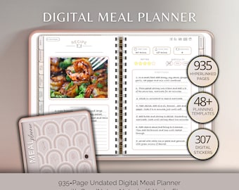 Digital Meal Planner and Recipe Book, Digital Planner, Cookbook Daily Food Journal & Diary, Grocery List, Weekly GoodNotes iPad Meal Planner