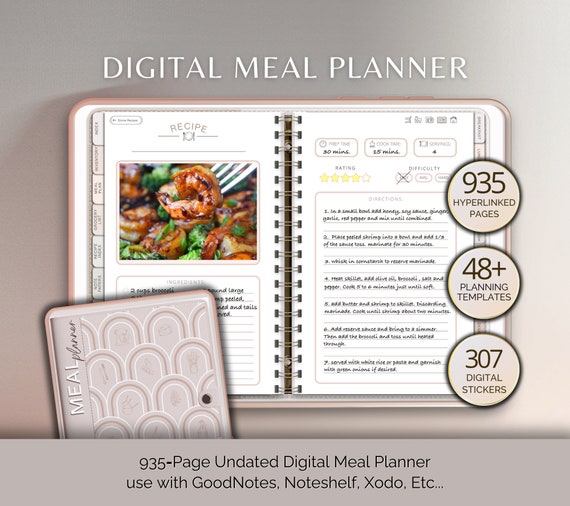 Digital Meal Planner and Recipe Book, GoodNotes iPad Daily Food Journal, Weekly Grocery List Organizer, Meal Prep Tracker
