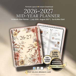 Könnte beinhalten: Ein digitaler 2026-2027 Mid-Year-Planer mit einem Blumenmuster in Creme, Braun und Rosa sowie dem Text 26-27. Der Planer enthält eine Tagesplanungsseite, über 3.500 digitale Sticker, 125+ Cover-Optionen und ein Zufriedenheitsgarantie-Abzeichen.