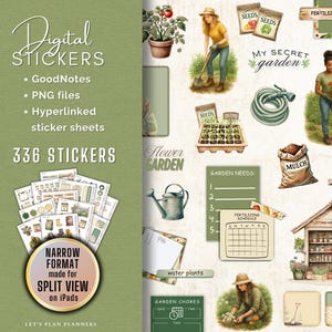 Puede incluir: Pegatinas digitales para GoodNotes y archivos PNG, con temática de jardín. Incluye 336 pegatinas con imágenes de herramientas de jardinería, plantas y personas jardineras. El texto incluye "My Secret Garden" y "Fertilize".
