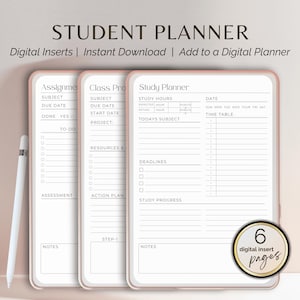 May include: A digital planner insert with three pages for student planning. The pages are labeled "Assignment", "Class Project", and "Study Planner". Each page has sections for subject, due date, to-do list, resources, deadlines, and notes.