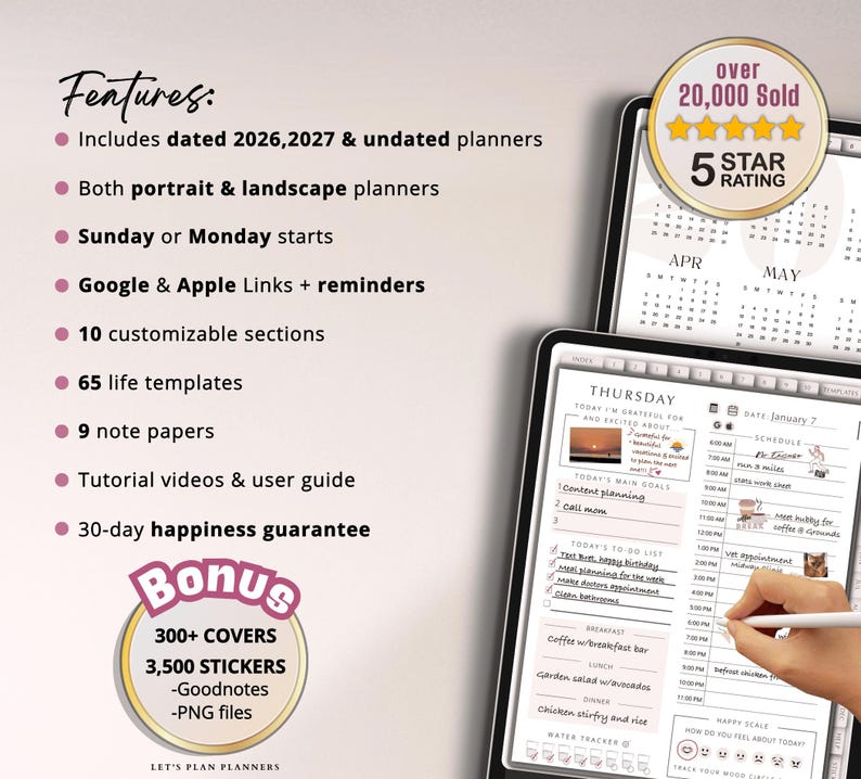 May include: Digital planner displayed on a tablet, featuring a daily schedule, to-do list, and water tracker. The image includes text highlighting features like dated planners, customizable sections, and tutorial videos. A bonus includes covers and stickers.