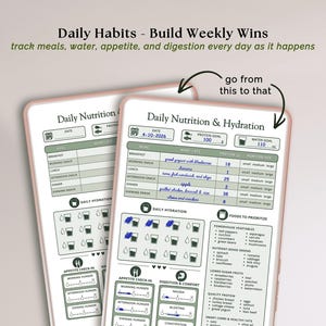 May include: A Daily Nutrition & Hydration tracker template featuring sections for meals, protein goals, water intake, appetite, and digestion. The form includes fields for dates, food lists, and checkboxes, with text reading Daily Habits - Build Weekly Wins.