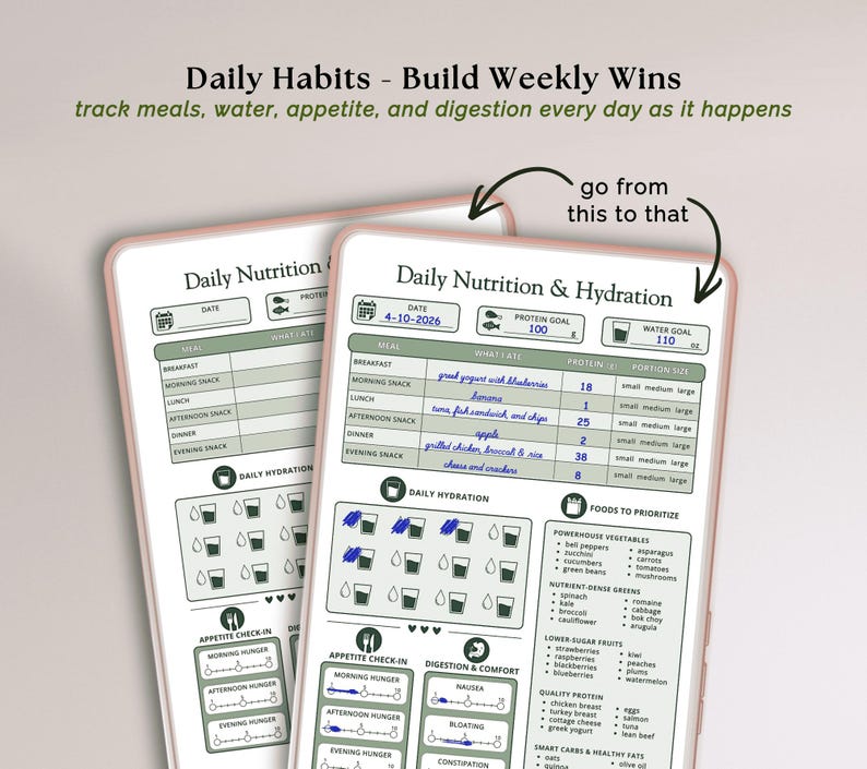 May include: A Daily Nutrition & Hydration tracker template featuring sections for meals, protein goals, water intake, appetite, and digestion. The form includes fields for dates, food lists, and checkboxes, with text reading Daily Habits - Build Weekly Wins.