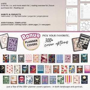 May include: A variety of planner covers are displayed, showcasing diverse designs and styles. The image includes text such as "Bonus Planner Covers" and "Pick Your Favorite, 300+ cover options." The planners feature floral, geometric, and abstract patterns, with some dated for 2027.