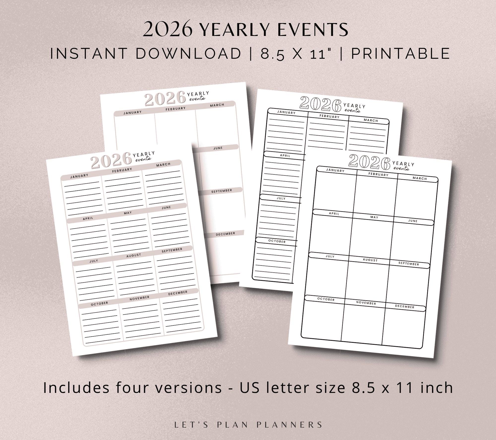 2026 Yearly Events Planner: At-a-glance Calendar (PDF Printable ...