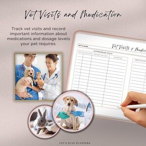 May include: A printable planner page with a pink and gold design. The page is divided into two sections: Veterinarian Visits and Medication. The Veterinarian Visits section includes columns for Date, Location, Reason for Visit, and Diagnosis. The Medication section includes columns for Medication and Dosage. The page also includes a small image of a veterinarian examining a dog.