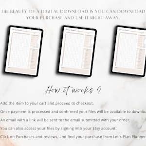 May include: Three digital printable planner pages on a white marble background. The pages are titled "Food Tracker" and feature a grid layout with sections for tracking meals, snacks, and water intake. The text "How it works?" is written below the pages, followed by a list of instructions for downloading the digital files.