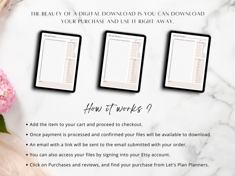 May include: Three digital printable planner pages on a white marble background. The pages are titled "Food Tracker" and feature a grid layout with sections for tracking meals, snacks, and water intake. The text "How it works?" is written below the pages, followed by a list of instructions for downloading the digital files.