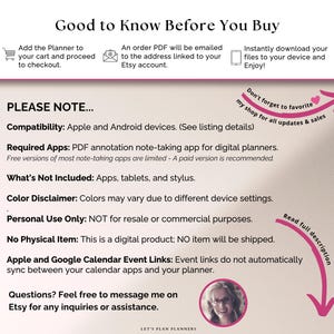 Puede incluir: Un gr&aacute;fico informativo titulado Good to Know Before You Buy, que detalla los requisitos para una agenda digital. Enumera la compatibilidad con dispositivos Apple y Android, la necesidad de aplicaciones PDF y que no se env&iacute;a ning&uacute;n art&iacute;culo f&iacute;sico.