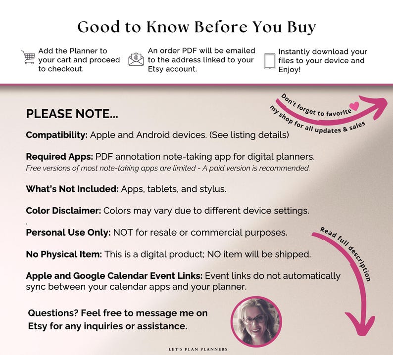 Puede incluir: Un gr&aacute;fico informativo titulado Good to Know Before You Buy, que detalla los requisitos para una agenda digital. Enumera la compatibilidad con dispositivos Apple y Android, la necesidad de aplicaciones PDF y que no se env&iacute;a ning&uacute;n art&iacute;culo f&iacute;sico.