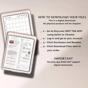 May include: Two digital planner templates displayed on tablets. One shows a January calendar, the other a detailed daily schedule. Text on the right explains how to download digital files from Etsy.
