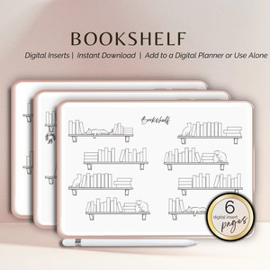 May include: Digital bookshelf design with illustrations of bookshelves and cats. The text "BOOKSHELF" is at the top, with "Digital Inserts | Instant Download | Add to a Digital Planner or Use Alone" below. A gold circle indicates "6 digital insert pages". A stylus pen is at the bottom.