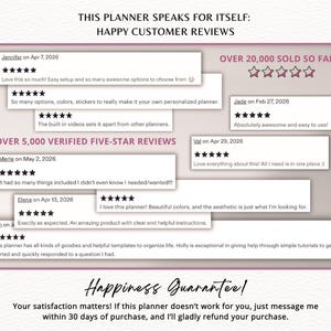 May include: A promotional image with customer reviews for a planner. The text includes phrases like "Happy Customer Reviews," "Over 5,000 Verified Five-Star Reviews," and "Over 20,000 Sold So Far." The image also includes a "Happiness Guarantee!"
