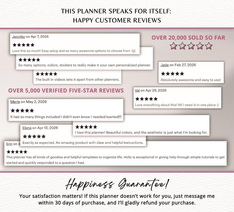 May include: A promotional image with customer reviews for a planner. The text includes phrases like "Happy Customer Reviews," "Over 5,000 Verified Five-Star Reviews," and "Over 20,000 Sold So Far." The image also includes a "Happiness Guarantee!"
