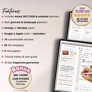 K&ouml;nnte beinhalten: Digitaler Planer auf einem Tablet mit Stift, mit Kalender und Tagesplan. Das Bild enth&auml;lt Text, der Funktionen wie datierte Planer, anpassbare Abschnitte und eine Gl&uuml;cksgarantie hervorhebt. Ein Bonus beinhaltet Cover und Sticker.