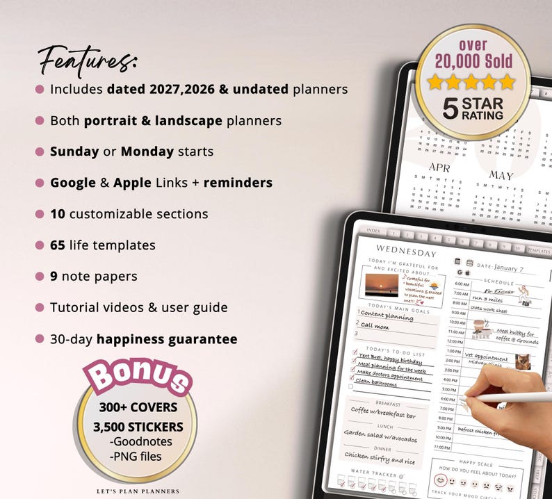 K&ouml;nnte beinhalten: Digitaler Planer auf einem Tablet mit Stift, mit Kalender und Tagesplan. Das Bild enth&auml;lt Text, der Funktionen wie datierte Planer, anpassbare Abschnitte und eine Gl&uuml;cksgarantie hervorhebt. Ein Bonus beinhaltet Cover und Sticker.