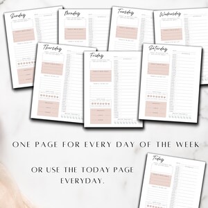 May include: A printable daily planner with a simple design. The planner includes sections for daily goals, to-do lists, water intake, mood tracker, and exercise. The planner is available for each day of the week, or you can use the "Today" page every day.