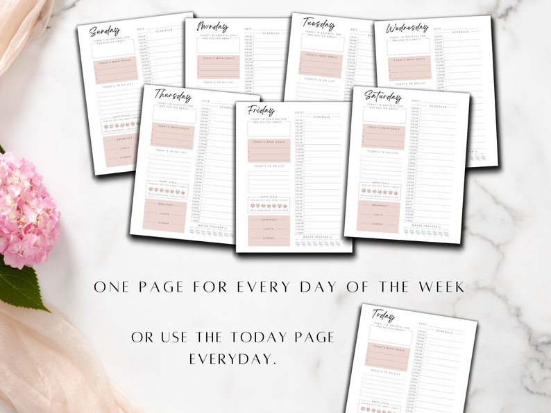 May include: A printable daily planner with a simple design. The planner includes sections for daily goals, to-do lists, water intake, mood tracker, and exercise. The planner is available for each day of the week, or you can use the "Today" page every day.