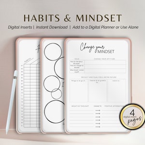 May include: Digital planner inserts with the text "HABITS & MINDSET". The inserts include habit trackers, goal-setting pages, and a "Change your MINDSET" page. The image shows four digital insert pages with a white stylus.