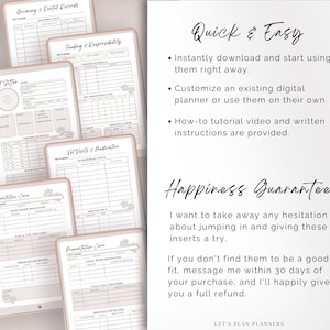 May include: A set of printable pet care planner pages with a pink and white floral design. The pages include sections for grooming, dental records, feeding, responsibilities, vet visits, medication, and presentation care. The text "Quick & Easy" and "Happiness Guarantee" is visible on the right side of the image.
