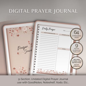May include: A digital prayer journal with a floral design. The journal has 64 hyperlinked pages, 9 prayer journaling templates, and includes tutorial video instructions. The journal is available for instant download.