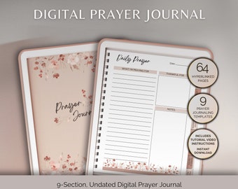Könnte beinhalten: Ein digitales Gebetsjournal mit floralem Design. Das Journal hat 64 verlinkte Seiten, 9 Gebets-Journalvorlagen und enthält Videoanleitungen. Das Journal steht zum sofortigen Download bereit.