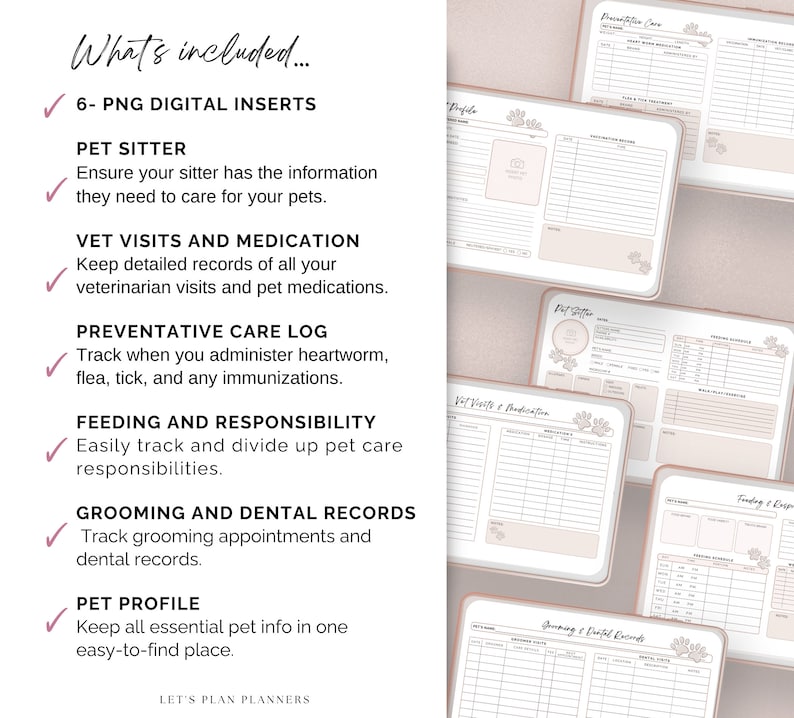 May include: A pink and white digital planner with paw print designs. The planner includes sections for pet sitter information, vet visits, preventative care, feeding and responsibility, grooming and dental records, and a pet profile.