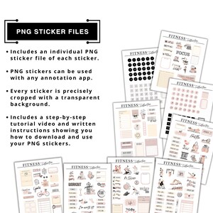 May include: A collection of PNG sticker files for fitness planning. The image shows several sheets with various stickers, including calendars, workout trackers, and motivational phrases. The text "PNG STICKER FILES" is at the top. The stickers are in shades of pink, black, and white.