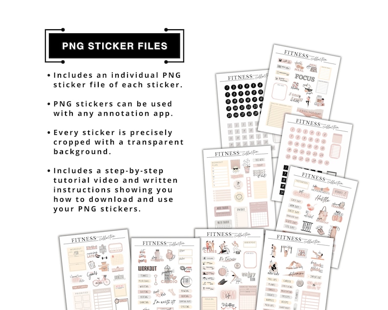 May include: A collection of PNG sticker files for fitness planning. The image shows several sheets with various stickers, including calendars, workout trackers, and motivational phrases. The text "PNG STICKER FILES" is at the top. The stickers are in shades of pink, black, and white.