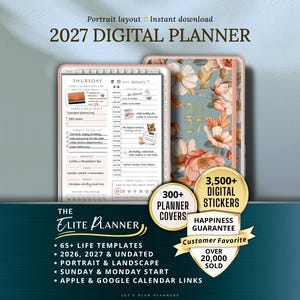 May include: Digital planner for 2027 with a floral cover and daily layout. Includes 300+ planner covers, 3,500+ digital stickers, and 65+ life templates. Features portrait and landscape views, Sunday & Monday start, and Apple & Google Calendar links.
