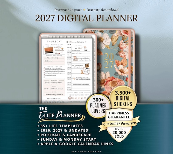 BESTSELLER Digital Planner 2027 Hyperlinked Planner Goodnotes iPad Template Digital Stickers Notability Daily and Weekly Noteful Journal