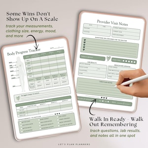 May include: Two digital planner pages with sage green accents. The left page is a Body Progress Tracker with a human silhouette and tables for measurements and clothing sizes. The right page is Provider Visit Notes for tracking medical data.