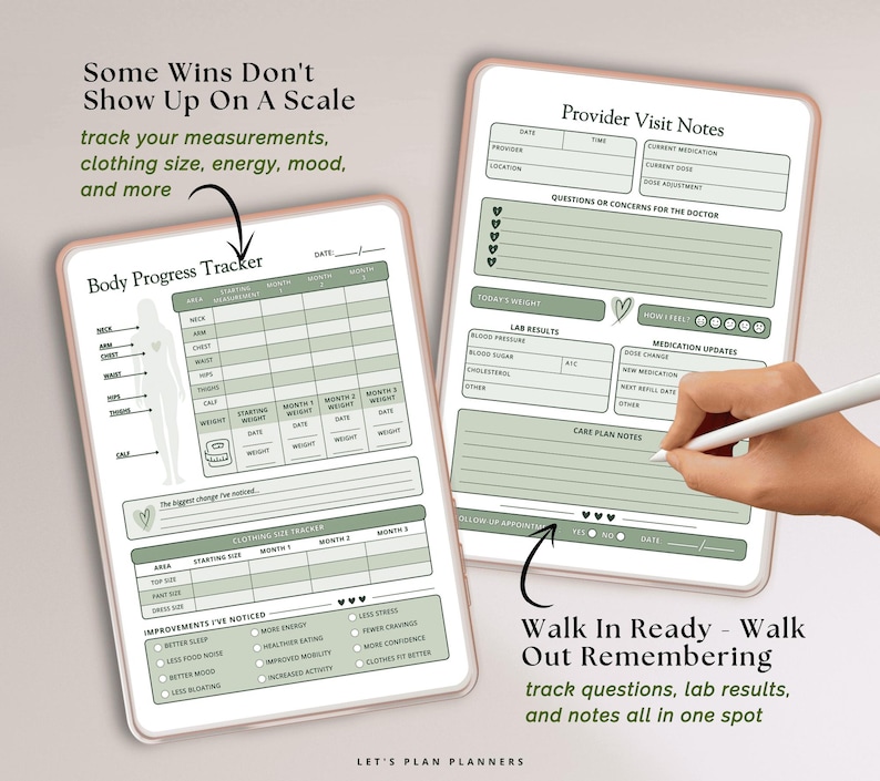 May include: Two digital planner pages with sage green accents. The left page is a Body Progress Tracker with a human silhouette and tables for measurements and clothing sizes. The right page is Provider Visit Notes for tracking medical data.